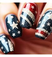 Independence Day Press on Nails Medium Square Fake Nails Red Blue False Nails with Glitter Design...