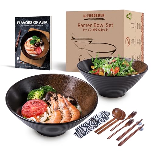 Cerámica Conjunto tazón de ramen japonés, 2×900ml 14 piezas Palillos y cucharas , Grandes Grandes para Sopa de Fideos de Ramen Japonés Cuencos