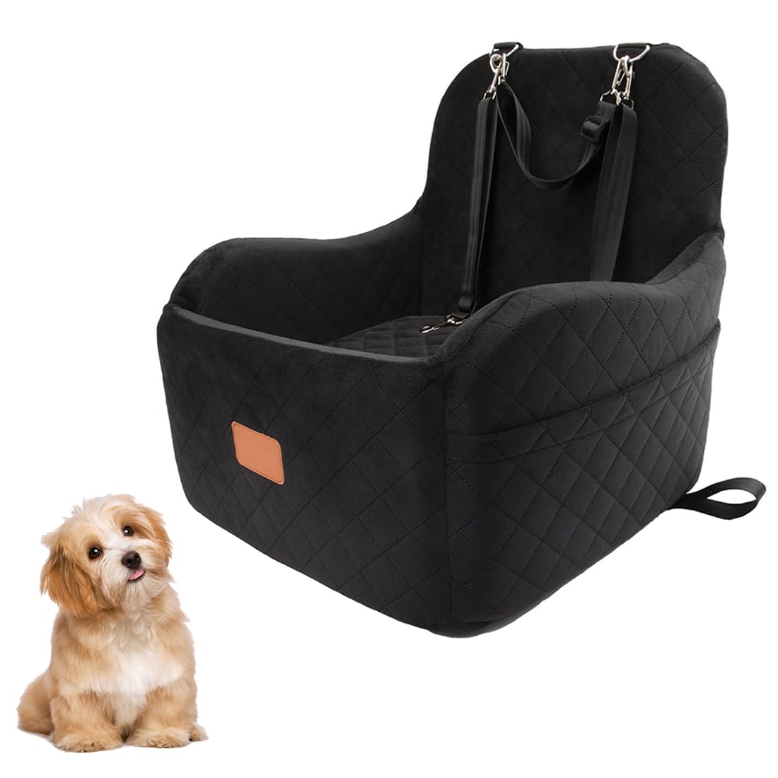 Dog Car Seat for Small/Medium Dogs, 47*47*45cm Memory Foam Anti-slip Thick Cushion Dog Booster Seats with Storage Pockets for Dogs Under 35lbs, Detachable Washable Pet Car Seat with 2 Safety Belts