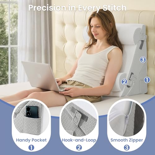 Sasttie Wedge Pillow Set for After Surgery, 4PCS Adjustable Bed Wedge Pillow Headboard with Memory Foam Neck Cushion – for Acid Reflux, Sleeping, Neck & Back Support, Light Grey & White
