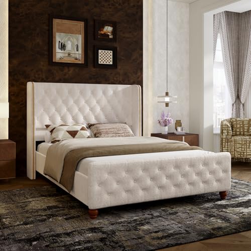 Novilla Full Size Bed Frame, Full Bed Frame with Headboard, Sea-Lion Velvet Upholstered Tall Bed Frame with Wingback Headboard and Footboard, Button Tufted/No Box Spring Needed/Heavy Duty Feet/Cream