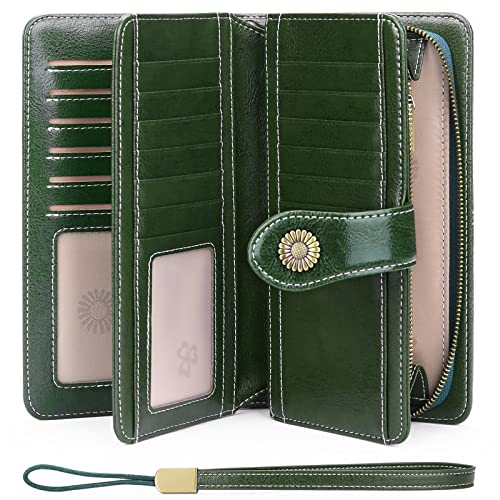 SENDEFN Genuine Leather Purses for Women, RFID Large Ladies Purse, Wallet for Women with Wrist Strap