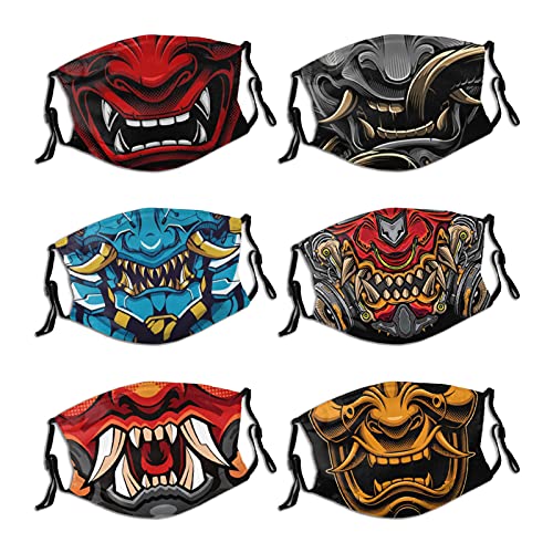 Japanese Samurai Oni 6pcs Face Mask Washable Face Mask With Adjustable Earrings Headscarf Balaclava Muzzle Unisex, KZ9