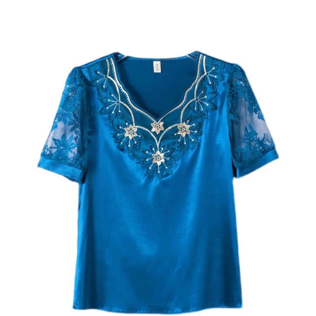 Camicette da donna in raso con ricamo floreale in pizzo estivo con scollo a V