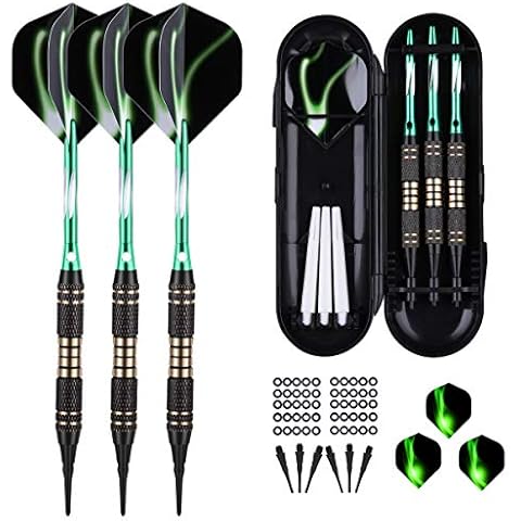 Soft tip Darts Set 18 Gram - Professional Darts Plastic Tip with Brass Barrel + Green Aluminum Shafts + 50 Rubber o-Ring + 6 Pattern Flights +30 Soft Tips for Electronic Dartboard Cover