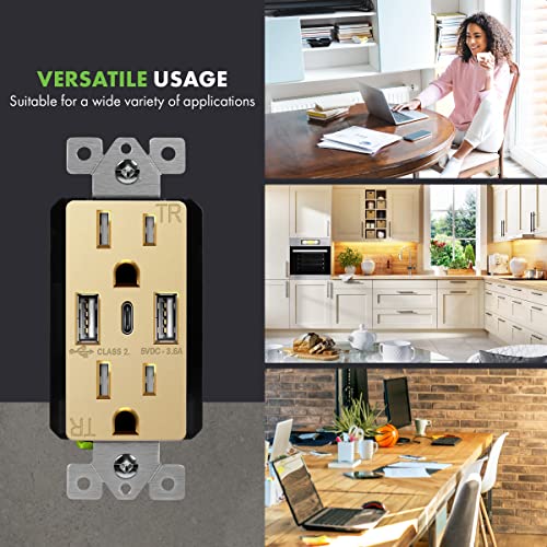 Topgreener Usb Outlet, 3-Port Type C Usb Wall Outlet, 15 Amp Tamper-Resistant Receptacle Plug, Charging Power Outlet With Usb Ports, Ul Listed, Tu21536Ac3-Gd, Gold With Wall Plate #TOP6