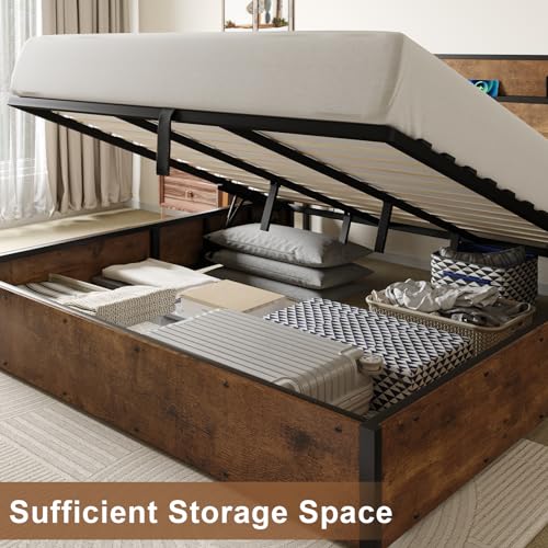 Image of AMERLIFE King Size Lift Up Storage Bed Frame, Wooden Platform Bed Frame with Lifting Storage & Charging Station, No Spring Box Needed /Noise Free, Rustic Brown