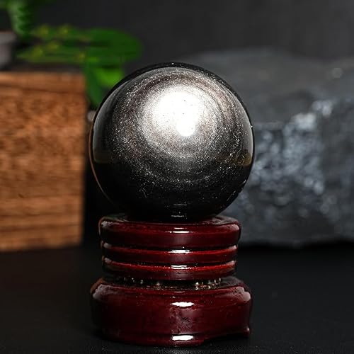UYCUODLUY Silver Obsidian Ball Crystal Round Polished Furniture Ornaments Cat's Eye,90mm – vue 4