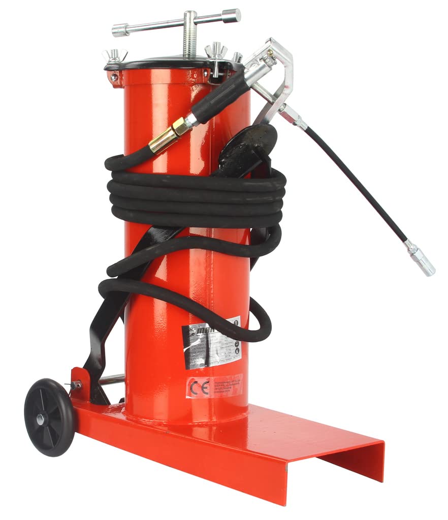 Ingrassatore Pneumatico a Barile 6L 360 Bar Lubrificatore Grasso a Pedana Tubo 4m | con Ruote | Azionamento Leva | 2 estremità Rigida e Flessibile