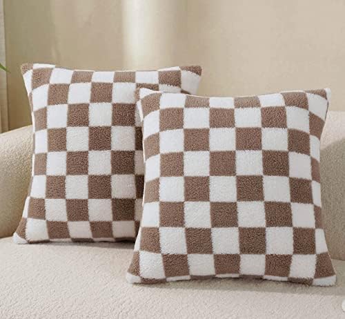 18x18 Inch Checkered Pillow Covers 2 Pack Soft Faux Fur Decorativ...