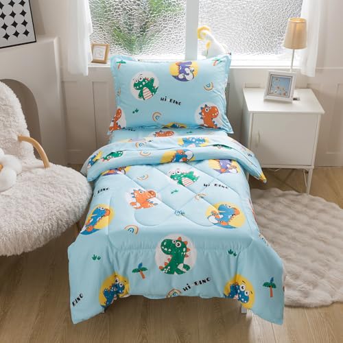 Image of Caressma 5 Pieces Comforter Set Bed-in-a-Bag Twin Size, Soft Brushed Microfiber Kids Comforter with Lovely Blue Dinosaurs Pattern, Includes Comforter, Fitted Sheet, Flat Sheet & Pillowcase & Sham