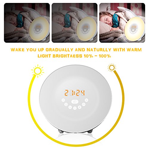 Sunrise Alarm Clock, Wake Up Light with 6 Nature Sounds, FM Radio, Color Light, Bedside Sunrise Simulator (White) - Thumbnail 7