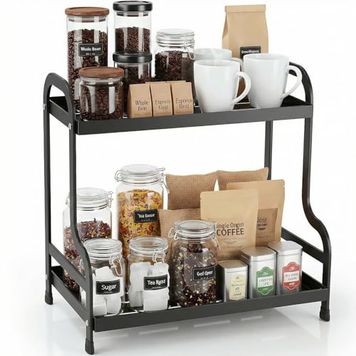 Exquilnova 2 Tier Coffee Station Organizer for Countertop Carbon Steel Hot Chocolate Station Coffee Bar for Kitchen Home Office Kitchen Storage & Organisation for Tea Matcha Condiment Storage