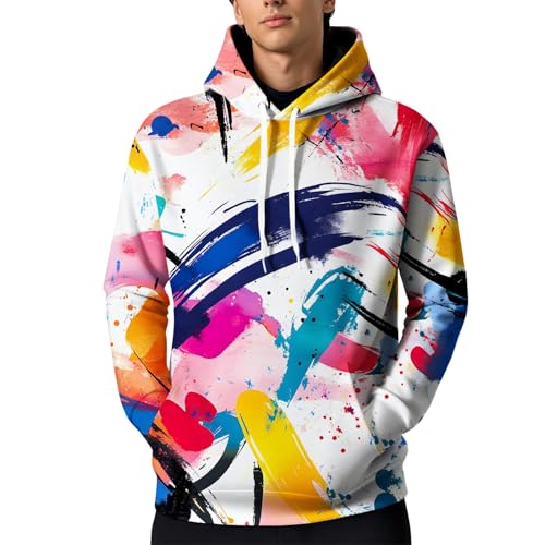 LOAIHA Mens White Graphic Hoodie Pullover Cotton Blend Sweatshirt Streetwear Casual Hooded Top Fall Winter Fashion