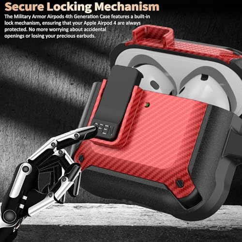 Image of Olytop for Airpods 4 Case with Lock Clip, Rugged Apple Airpods 4th Generation Cover 2024 Men Women, Armor Shockproof iPod 4 Gen Protective Hard Shell with Carabiner&Cleaner kit,CF Black /Red