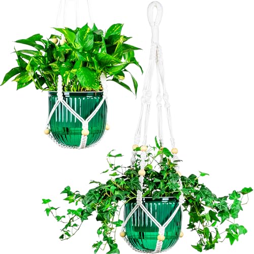 Melphoe Self Watering Hanging Planters for Indoor, 2 Pack 6.5 Inch Outdoor Hanging Plant Pot Basket, 2 Kinds of Plant Hangers Macrame 31.5’’ & Metal Chain 18’’ Long for Garden Home Decor