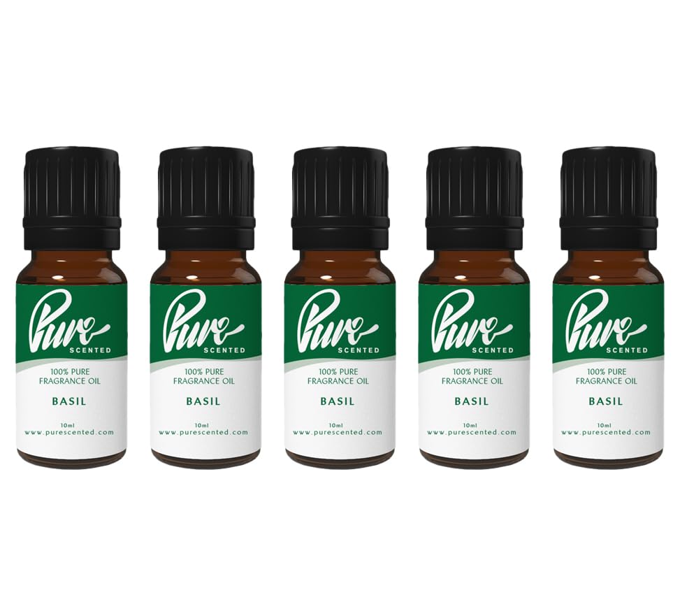 Pure Scented 50ml Fragrance Oils - 5 x 10ml Suitable for Candles, Soaps, Slime, Diffusers, Cosmetics, Wax Melts, Designer (5 x 10ml, Basil)