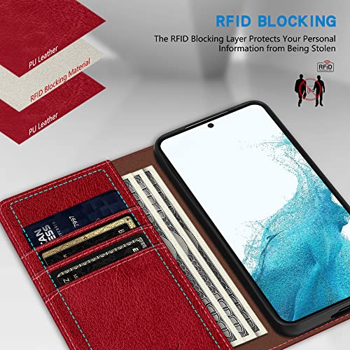 Image of ZZXX for Samsung Galaxy S22 Wallet Case with [RFID Blocking] Card Slot Stand Strong Magnetic Leather Flip Fold Protective Phone Case for Samsung Galaxy S22 Case Wallet(Red-6.1 inch)