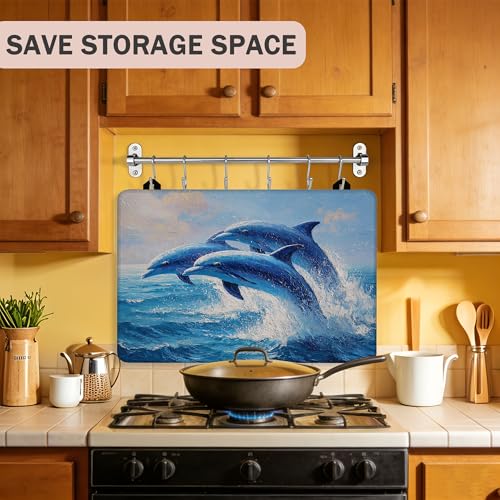Image of Blue Jumping Dolphins Stove Top Cover for Electric Stove, Heat Resistant Glass Cooktop Cover, Stovetop Protector, Dish Drying Mats Cover for Ceramic Washer Top 28x20 inch