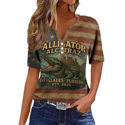 Alligator Alcatraz Shirt Women Retro Casual Crocodile Island Print T-Shirt Funny Vintage Gator Tee American Flag Florida Everglades Parody Tshirt Alligator Alcatraz Everglades Top