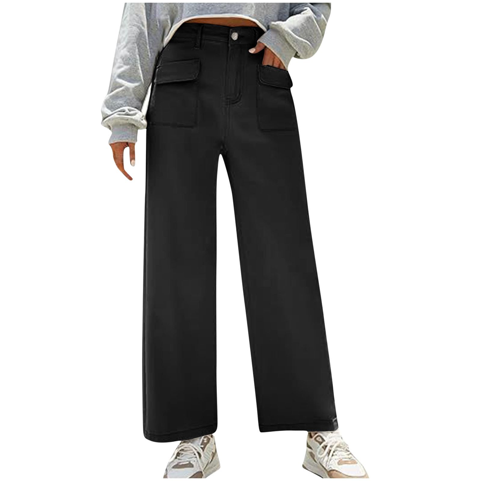 NATHGAM Women Wide Leg Cargo Pants 2024 Lounge High Waisted Straight Leg Trousers Baggy Elastic Pockets Business Work