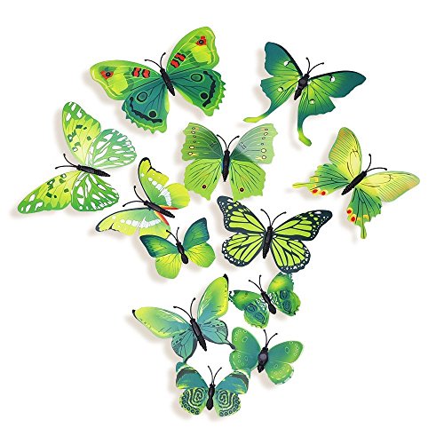 Image of Pindia 12 Pcs 3D Metal Butterfly Wall Stickers for Home Party Wedding Decor (Green)