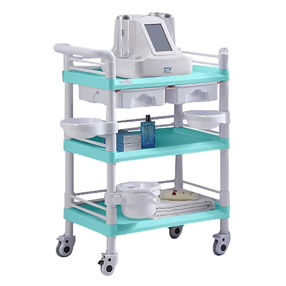 Lagerregal-Servierwagen, medizinischer Wagen, grün, robuster medizinischer Versorgungswagen auf Rädern, 3-stufiger ABS-Beauty-Spa-Rollwagen mit Schmutzeimer-Schubladen, 100–150 kg Kapazität