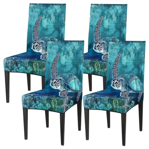 Mexpekil Juego de 4 fundas elásticas para sillas de comedor, color turquesa, con respaldo alto, diseño de tortuga oceánica, elásticas, lavables, para derrames, mascotas, manchas, cocina, hotel, fiesta