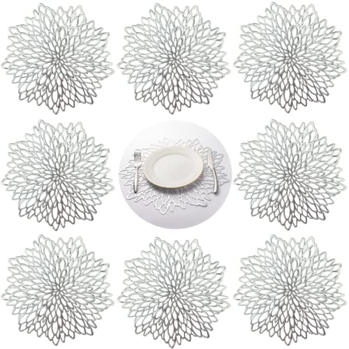 QYIQis Set de Table, Sets de Table Antidérapants et Ensemble de sous-Verres, Napperons Lavables, Vinyle Résistant à l'usure à la Chaleur Sets de Table pour Cuisine Salon Jardin Mariage (8Stk, Argenté)