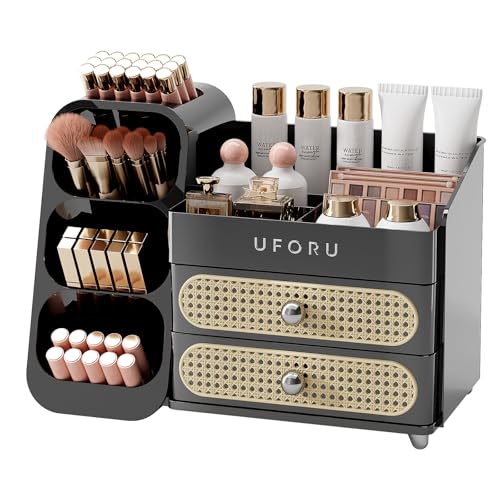Image of UFORU Makeup Organizer for Vanity with Brush Holder, Large Capacity Bathroom Countertop Skincare Organizer with 2 Drawers, Cosmetic Display Case for Perfumes, Eyeshadow Palettes, Nail Polishes