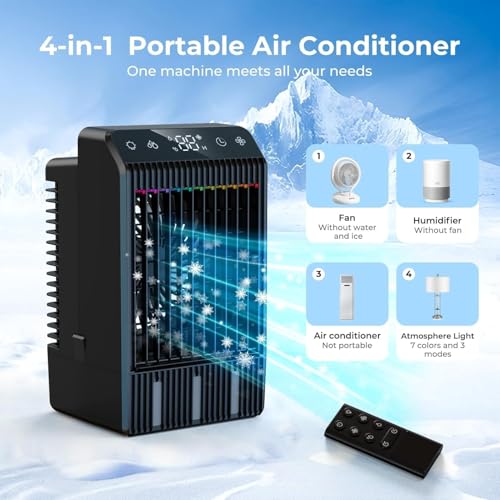 Portable Air Conditioners, Evaporative Mini Room Air Conditioner Cooling Fan, 2~12H Timer, AC Unit Air Cooler with 1000ML Water Tank, AC Portable for Room, Office, Car image 7