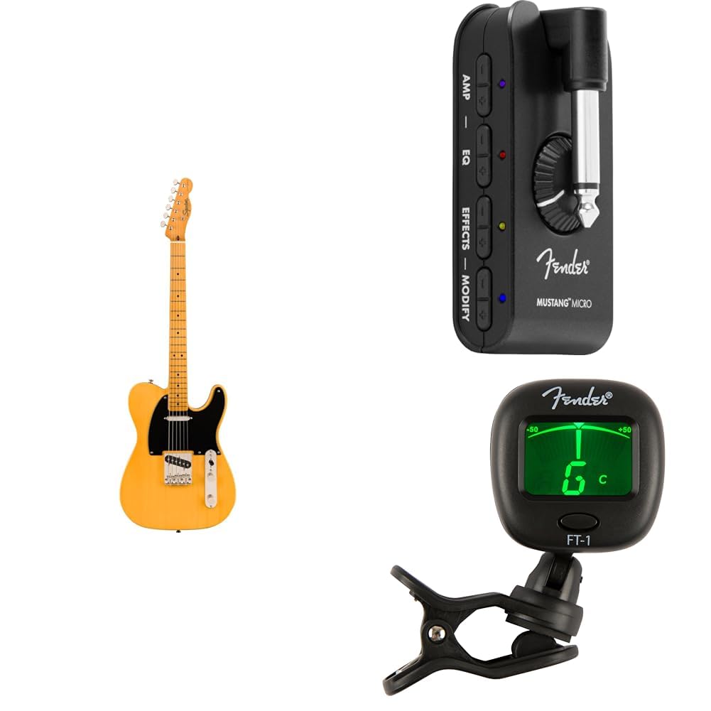 Squier Classic Vibe 50s Telecaster E-Gitarre, Starter Pack inkl. Mustang Micro Amp, FT-1 Pro Tuner, einer Guitar mit Maple Fingerboard, Butterscotch Blonde farbe