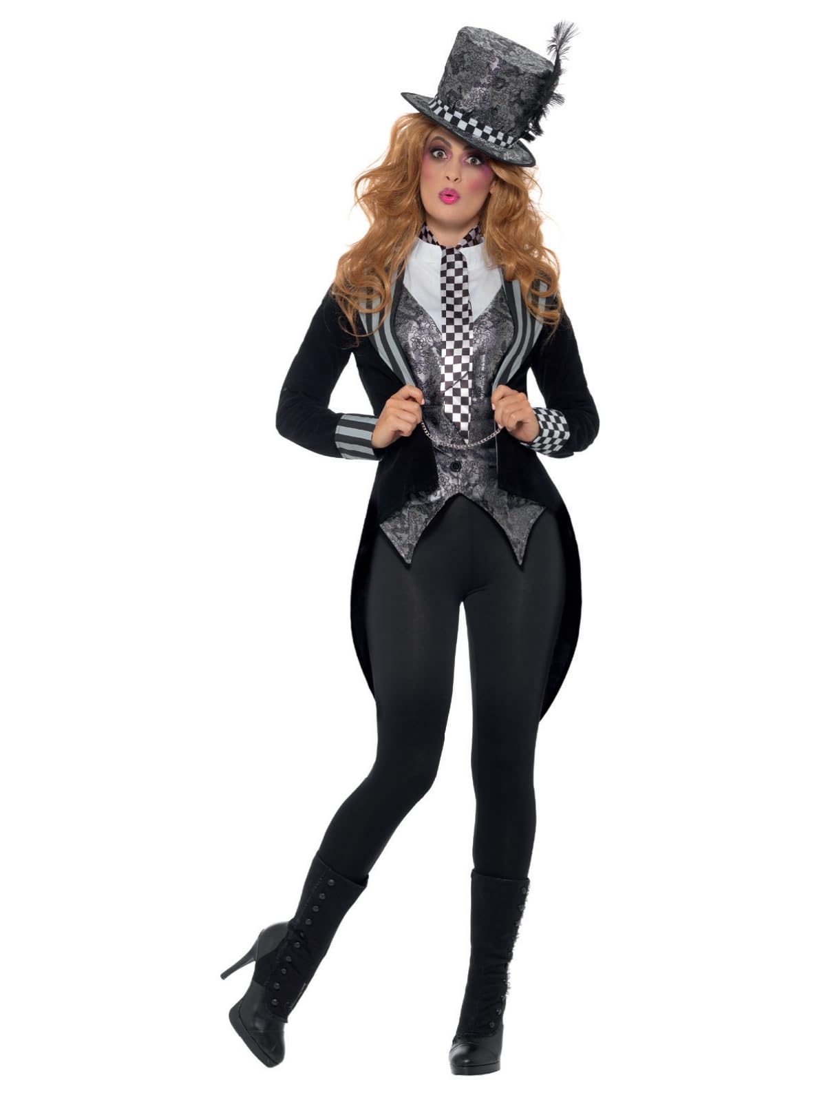 Smiffys Deluxe Dark Miss Hatter Costume, Black with Jacket, Waistcoat, Bowtie & Hat, Halloween Twisted Fairytale Fancy Dress, Adult Dress Up Costumes