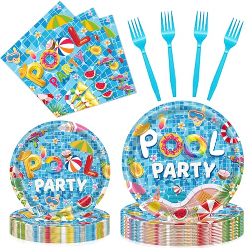 96 Pieces Pool Party Plates and Napkins Tableware Set Summer Swimming Pool Disposable Dinnerware with Paper Plates Napkins Forks for Summer Beach Theme Hawaiian Holiday Party Supplies- Serves 24