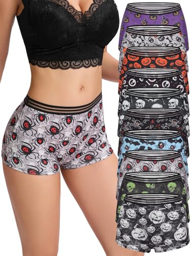 Morvia 10 Pack Variety of Gothic Print Boyshorts Underwear, High Waist Elastic Band, Assorted Halloween Skull Spooky Patterns