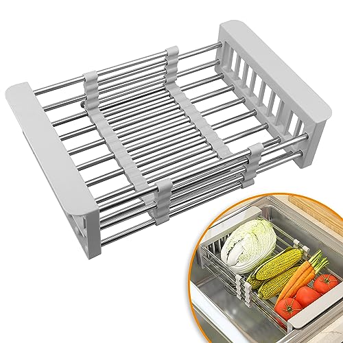 Lxoraziy Escurreplatos Acero Inoxidable, Extensible(26 CM-46.5 CM), Escurre Platos Extensible Apto como Escurridor Fregadero, para Encimera De Cocina Ahorre Espacio