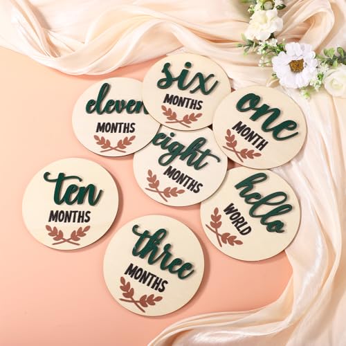 Image of 7pcs Wooden Baby Monthly Milestone Cards, Newborn Boy and Girl Announcement Signs 1-12 Months Discs Marker Cards Pregnancy Journey for Expecting Mom Gift