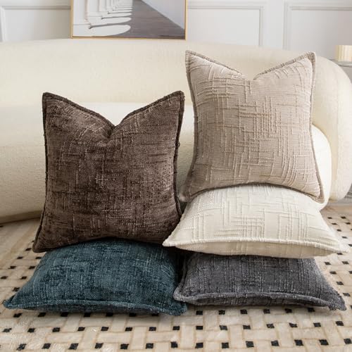 Image of MADIZZ Pack of 2 Chenille Throw Pillow Covers 16x16 Inch Dark Taupe Soft Neutral Decorative Throw Pillows for Couch Sofa Boho Accent Cushion Covers Modern Farmhouse Home Decor for Bedroom Living Room