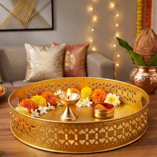 Image of Multipurpose Metal Basket For Gift Hamper, Pooja Temple Storage With Sturdy Handle, Decorative Flower Organizer & Versatile Puja Utility Accessories Home Decoration (Round Tray)