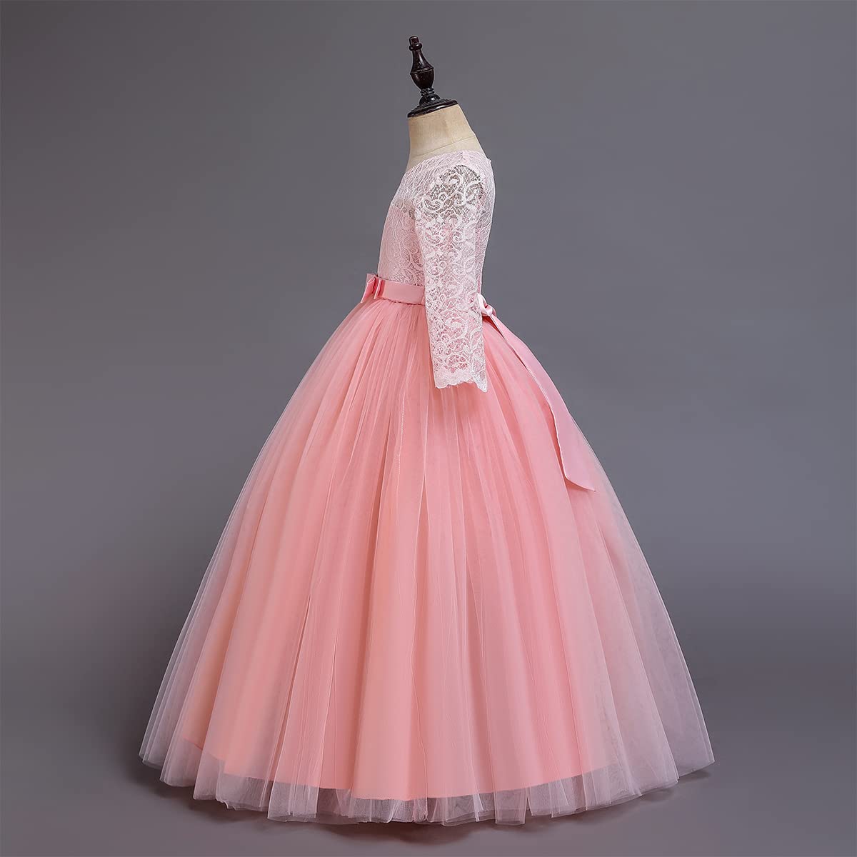 Odizli Robe de demoiselle d'honneur à manches 3/4 en dentelle pour fille - Robe de princesse - Robe de princesse - Robe de demoiselle d'honneur, première communion, anniversaire, fête, soirée, Rose