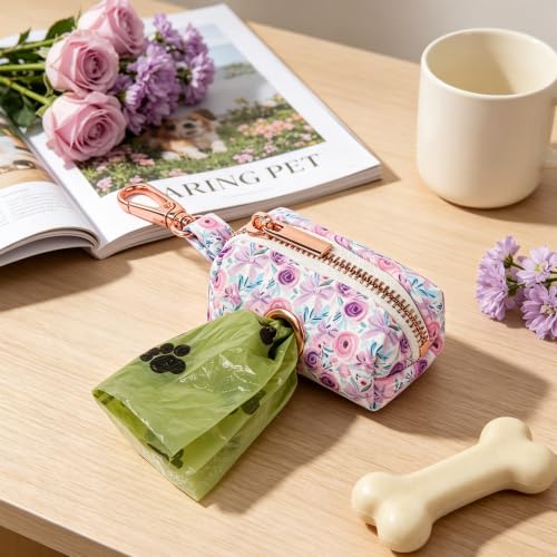 Image of ARING PET Floral Dog Poop Bag Holder, Cotton Puppy Purple Rose Waste Bag Dispenser Attach to Any Leashes, Portable Washable Pet Waste Pouch Holder with Two Rolls of Bags