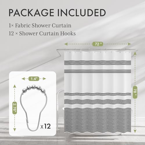 Image of AmazerBath Long Shower Curtain, 72x78 Striped Black Fabric Shower Curtain Set with 12 Shower Curtain Hooks, Rustic Cloth Black and White Shower Curtain, Farmhouse Bathroom Shower Curtain Sets