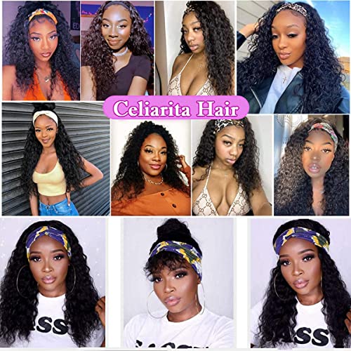 Image of Celiarita Headband Wig Human Hair Deep Wave 14 inch None Lace Front Machine Made Half Wigs for Black Women Human Hair Headband Wig Deep Wave 150% Density Natural Color