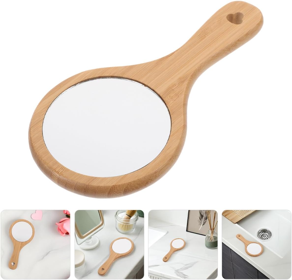 2pcs Handheld Makeup Mirror Wooden Portable Round Small Handheld Mirror with Handle for Bathroom Salon Travel Personal Use