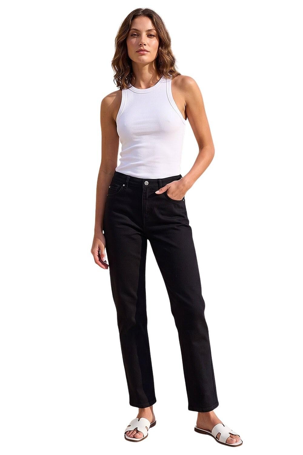 Roman Women's Black Petite Stretch Straight Leg Jeans In Size 12