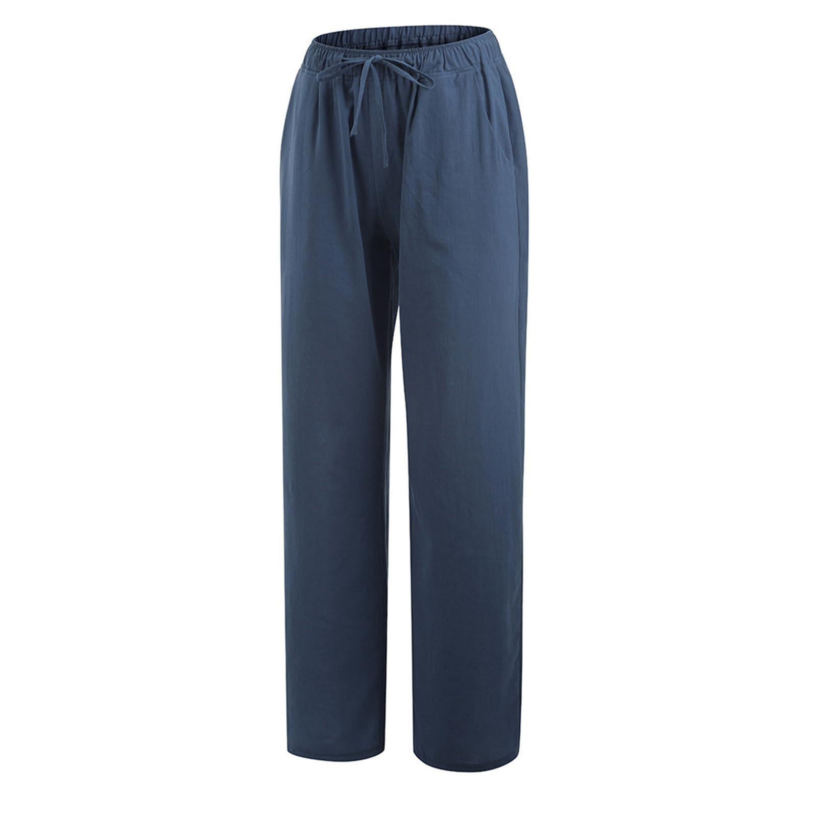 Cotton Linen Pants for Women Summer Drawstring Wide Leg Trousers High Waist Casual Palazzo Pants with Pockets - 4