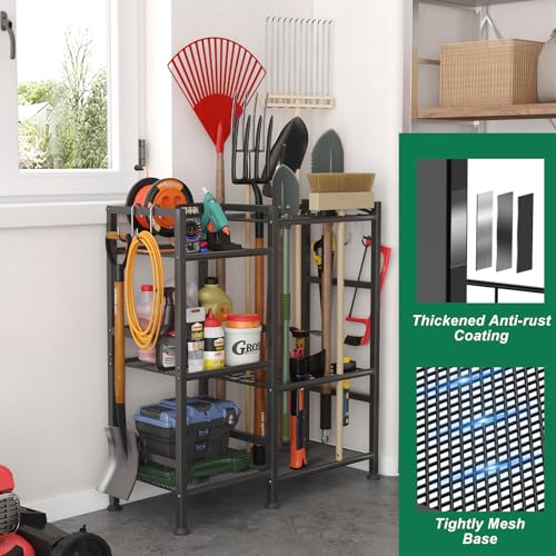 keomaisyto Garden Tool Organizer for Garage Organization, 3 Tier Yard Tool Storage Rack with 35 Long-Handled Tool Slots, Heavy Duty Garden Tool Holder with Large Hooks for Shed, Yard, Garage - Image 2
