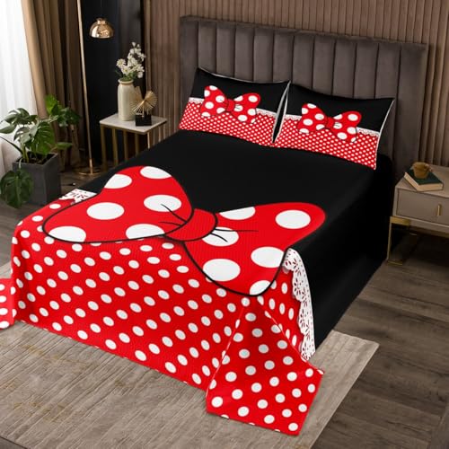 Homewish Bowknot Bedspread King Size,White Dots Coverlet Set 3pcs for Kids Teens Girls Boys Room Decor, Romantic Princess Style Quilted Coverlet Red and Black Bedding Quilt with 2 Pillowcases