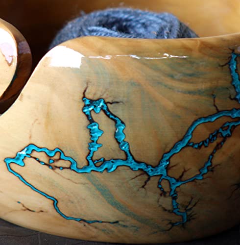 Image of Lichtenberg Figure Yarn Bowl - Handmade Wooden Yarn Bowl for Knitting Yarn Ball Holder - Yarn Bowls with Holes Crochet Bowl Holder - Yarn Storage Bowl 7 inch x 4 inch inches (Sky-Blue-B)