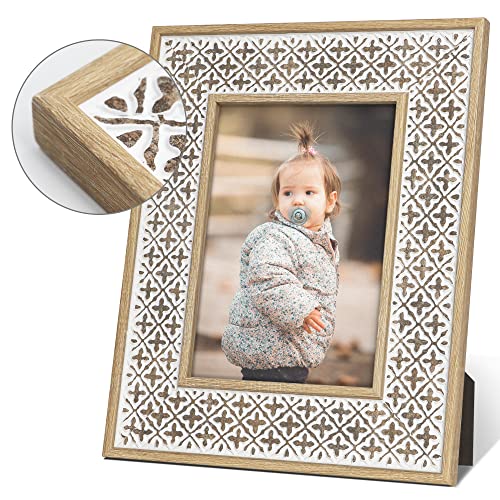 Takfot Boho Picture Frames 5X7 Moroccan Decorative Photo Frame 2 Pack, Distressed White Farmhouse Rustic Decor Wood Picture Frame For Wall Display And Tabletop For Wedding Engagement Father Mother Grandma Family Couple Friends #TOP7